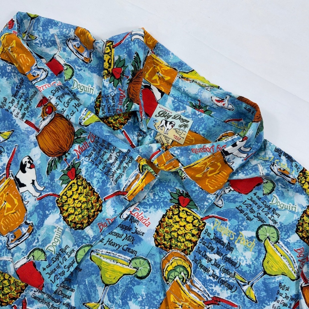 Big Dogs Hawaiian Shirt Cocktail Recipe Novelty Print Rayon 2X Blue Short Sleeve